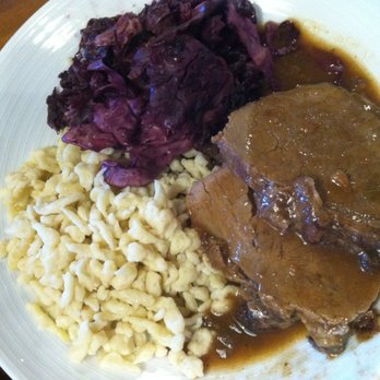 Edelweiss Biergarten - Sauerbraten $18.95 Marinated for 5 days before cooking. Served with spätzle & Haus made red cabbage. Served every day! - German Near Me - Phoenix, Arizona Edelweiss Biergarten - Sauerbraten $18.95 Marinated for 5 days before cooking. Served with spätzle & Haus made red cabbage. Served every day! - German Near Me - Phoenix, Arizona