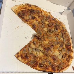 Sausage, bacon and pineapple pizza