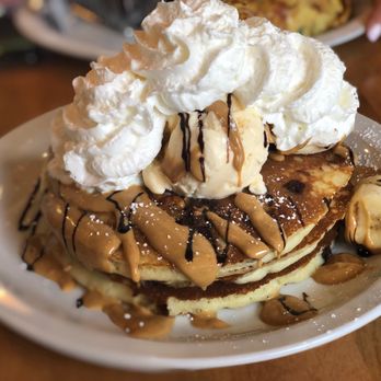 Brownstone Pancake Factory - Peanut butter and chocolate pancakes with bananas and a scoop of Vanilla ice cream. - Breakfast & Brunch Near Me - Edgewater, New Jersey