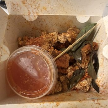 Boba Society - Spicy Basil Popcorn Chicken with a side of sweet chili sauce. A cute little stick so you don't get your fingers dirty. - Bubble Tea Near Me - Memphis, Tennessee
