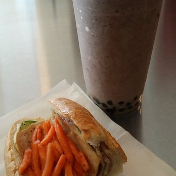Kim's Tea House - combination pork banh mi (way too much carrots) and red bean plus tapioca smoothie (too frozen) - Bubble Tea Near Me - Houston, Texas Kim's Tea House - combination pork banh mi (way too much carrots) and red bean plus tapioca smoothie (too frozen) - Bubble Tea Near Me - Houston, Texas