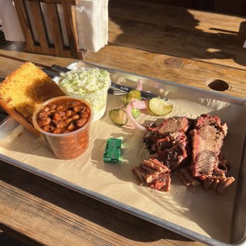 Trail Dust BBQ - Brisket medium plate with corn bread, slaw and beans. - Barbeque Near Me - Morgan Hill, California
