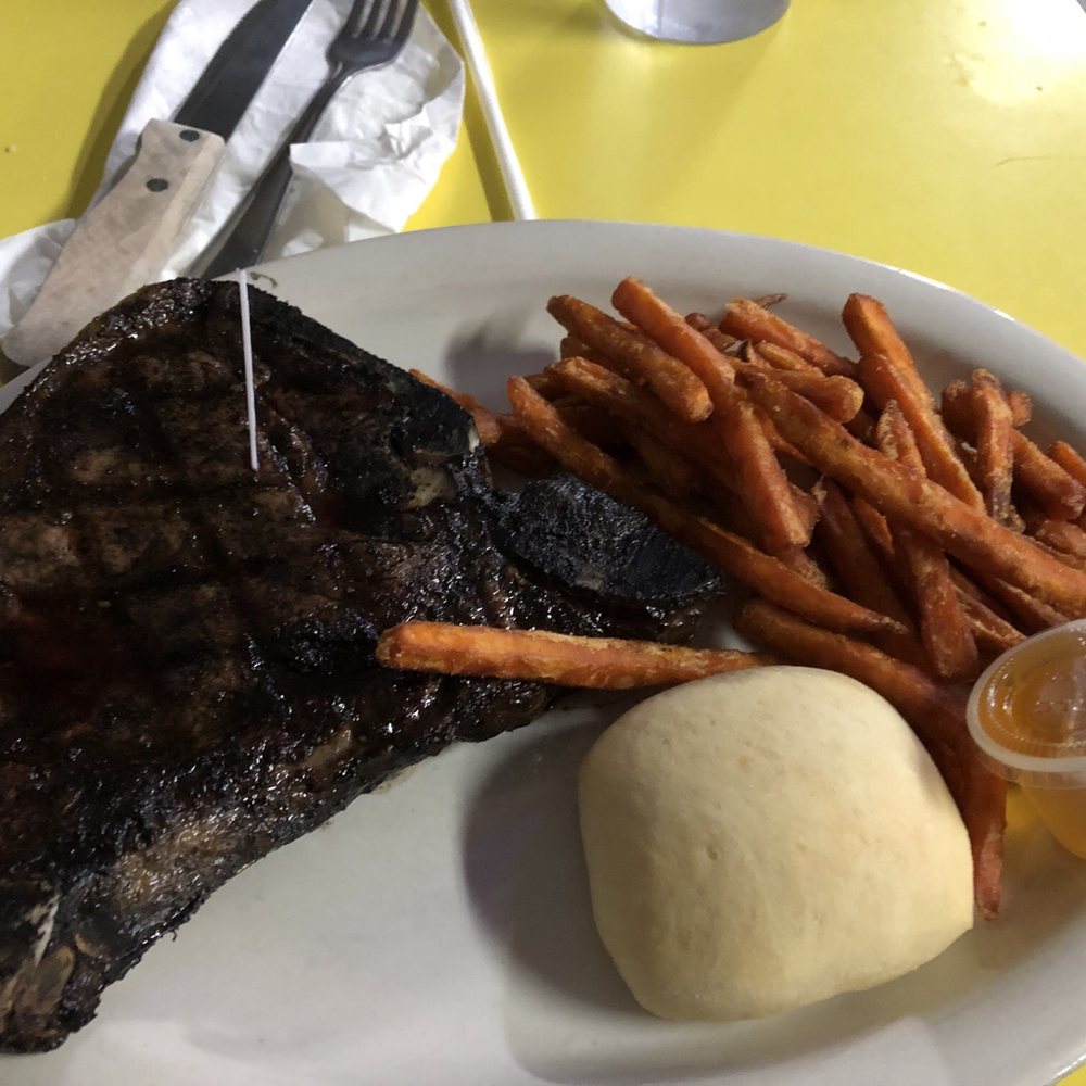 Toad Suck Bucks - T-bone w/sweet potato fries. More of a T'ish bone steak and steaks are black - American Near Me - Houston, Arkansas Toad Suck Bucks - T-bone w/sweet potato fries. More of a T'ish bone steak and steaks are black - American Near Me - Houston, Arkansas