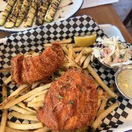 Fish and chips, grilled zucchini