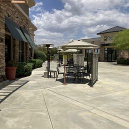 Outdoor seating, nice little cabana's.