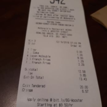 McDonald's - the receipt for the restaurant - Fast Food Near Me - Bowling Green, Ohio