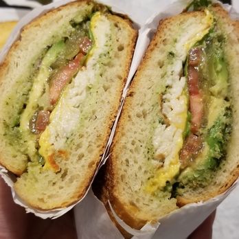 Lou's Cafe - Chicken Pesto: Chicken breast, avocado, American cheese, pesto aioli spread, on sourdough roll ($12.22) - Breakfast & Brunch Near Me - San Francisco, California Lou's Cafe - Chicken Pesto: Chicken breast, avocado, American cheese, pesto aioli spread, on sourdough roll ($12.22) - Breakfast & Brunch Near Me - San Francisco, California