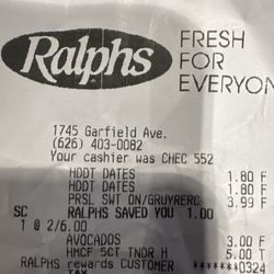 Ralphs - I don't know her name but cashier was CHECKING 552 around 12:20pm.