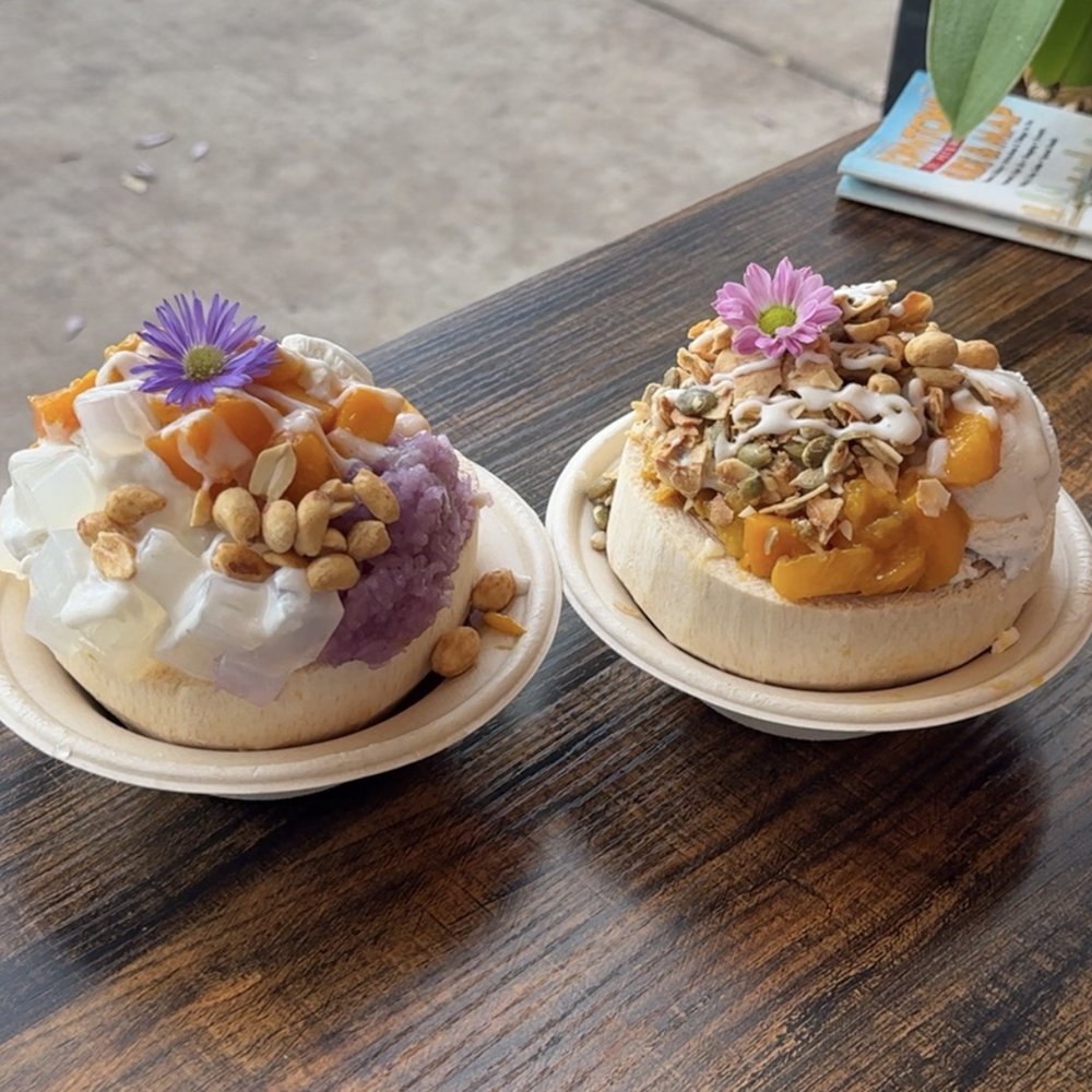Cococello - Mango Sticky Rice Coconut Ice Cream Bowl on left and custom bowl on the right - at their St Pete shop - Ice Cream & Frozen Yogurt Near Me - St Petersburg, Florida