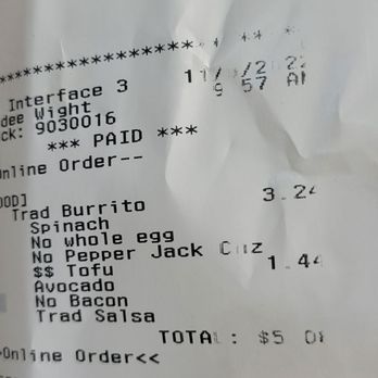 Salad and Go - Receipt for non bacon burrito. - Salad Near Me - Phoenix, Arizona Salad and Go - Receipt for non bacon burrito. - Salad Near Me - Phoenix, Arizona