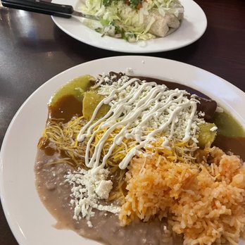 Fiesta Mexican Restaurant - Trio enchiladas and traditional burrito with lettuce/pico - Mexican Near Me - Jackson, Wyoming