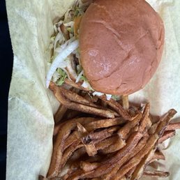Moo burger with Cajun fries Moo burger with Cajun fries