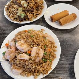 Shrimp Fried rice, veggie egg rolls, noodles Shrimp Fried rice, veggie egg rolls, noodles