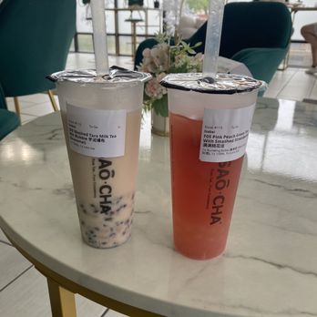 Tsaocha - Mashed Taro Milk Tea with Boba and Pink Peach Green Tea with Smashed Strawberries & Rose Bursting Boba - Bubble Tea Near Me - Lexington, Kentucky