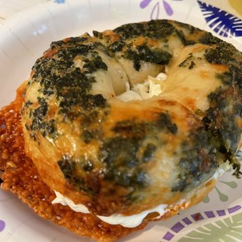 Gems - Broadway Bagels - asiago & spinach bagel with an everything seasoning bottom - Bagels Near Me - South Amboy, New Jersey