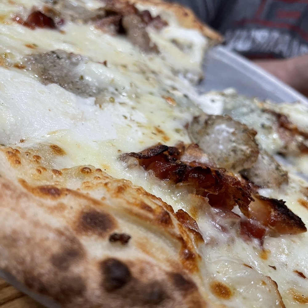 V Pizza - Quattro Formaggi Pizza with pancetta and meatballs!!!! - Pizza Near Me - Cary, North Carolina V Pizza - Quattro Formaggi Pizza with pancetta and meatballs!!!! - Pizza Near Me - Cary, North Carolina