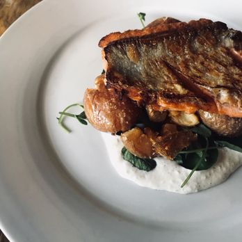 Frenchish - fish du jour = sautéed crispy skin wild Columbia River king salmon smashed & fried potatoes, creamy horseradish. - French Near Me - Albuquerque, New Mexico
