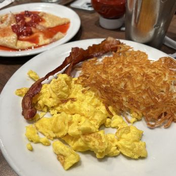 Denny's - Strawberry Vanilla Crepe w/ hash browns, bacon, scrambled eggs - Diners Near Me - La Habra, California