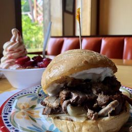 Lamb sandwich and Strawberry Shortcake