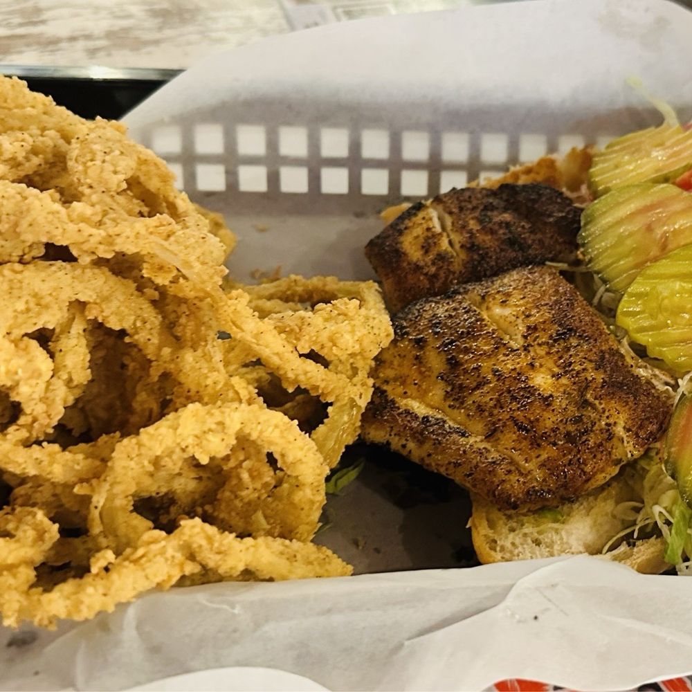 Where Y'at Seafood - Po Boy Blackened Fish with Onion Rings - Seafood Markets Near Me - Navarre, Florida Where Y'at Seafood - Po Boy Blackened Fish with Onion Rings - Seafood Markets Near Me - Navarre, Florida