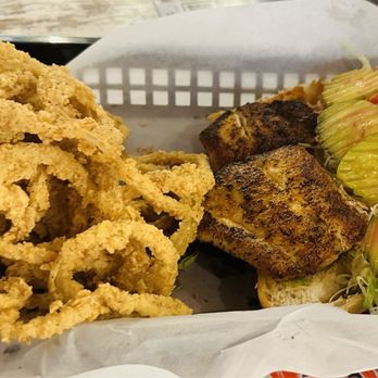 Where Y'at Seafood - Po Boy Blackened Fish with Onion Rings - Seafood Markets Near Me - Navarre, Florida Where Y'at Seafood - Po Boy Blackened Fish with Onion Rings - Seafood Markets Near Me - Navarre, Florida