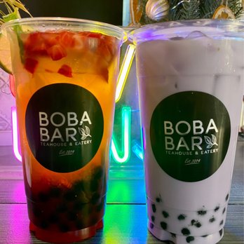Boba Bar - Strawberry Green Mojito Tea Cocktail (left) & Taro Milk Tea (right) - Bubble Tea Near Me - San Jose, California Boba Bar - Strawberry Green Mojito Tea Cocktail (left) & Taro Milk Tea (right) - Bubble Tea Near Me - San Jose, California