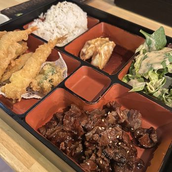 Kuru Kuru Sushi - Mix Tempura & Beef Teriyaki bento box - Sushi Bars Near Me - Burbank, California Kuru Kuru Sushi - Mix Tempura & Beef Teriyaki bento box - Sushi Bars Near Me - Burbank, California