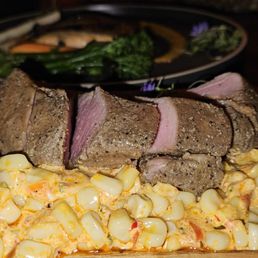 a steak and macaroni salad