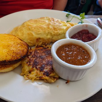Cafe Pasqual's - Durango Omelette but with Salsa on the side and homemade English muffin - Vegetarian Near Me - Santa Fe, New Mexico