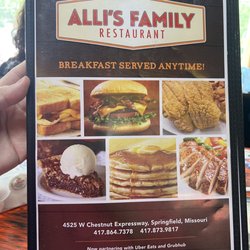 Alli's Family Restaurant - Front of menu