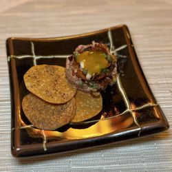 One By Spork - - [ ] Lamb tartare - rye cracker, egg, onion