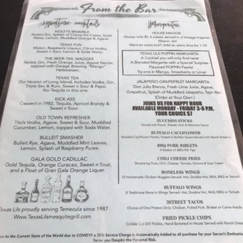 Texas Lil's Mesquite Grill - Menu from the bar - Barbeque Near Me - Temecula, California