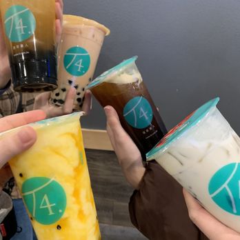 T4 - Honey Peach Royal Tea (TL) Classical Rose Milk Tea (next) Passion Fruit Smoothie (BL) Jasmine Green Milk Tea (BR) Lychee Black Tea? - Bubble Tea Near Me - Clackamas, Oregon