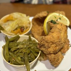 Flounder, string beans and cabbage and sausage