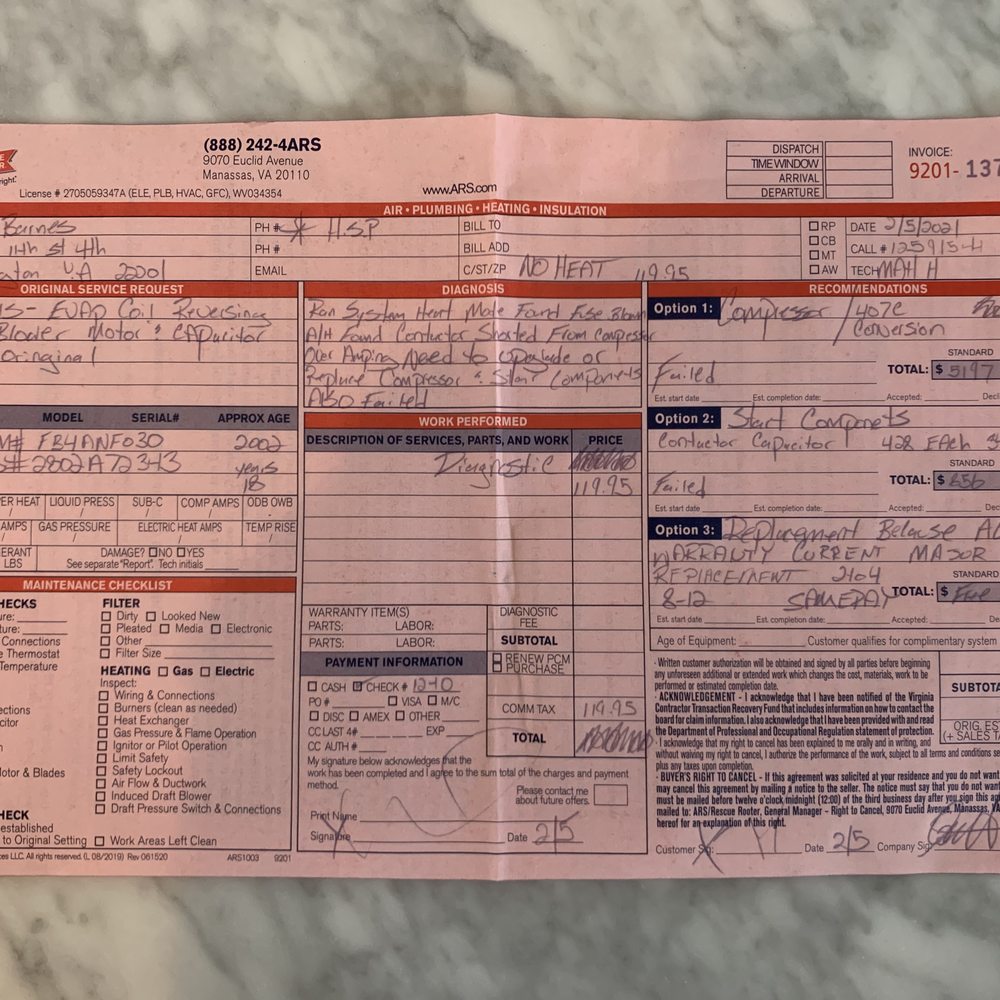 ARS Rescue Rooter - Disconnected heat to force  purchase of new system - Plumbing Near Me - Manassas, Virginia