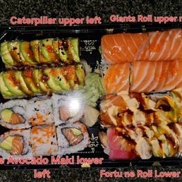Sake avocado mak( upper left)i, caterpillar roll, fortune roll(lower left), giants roll (lower right). Sake avocado mak( upper left)i, caterpillar roll, fortune roll(lower left), giants roll (lower right).
