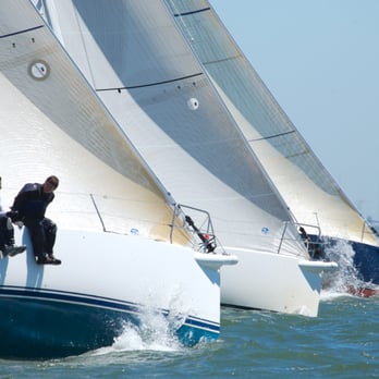 J World Sailing - Team J World (blue boat) punches out at the start of the Big Boat Series - Sailing Near Me - Alameda, California