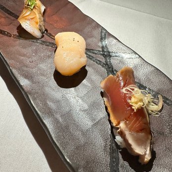 Sushi Note - Aji (Spanish mackerel). Scallop, Hotate (my fav). Seared bonito. - Sushi Bars Near Me - Los Angeles, California Sushi Note - Aji (Spanish mackerel). Scallop, Hotate (my fav). Seared bonito. - Sushi Bars Near Me - Los Angeles, California