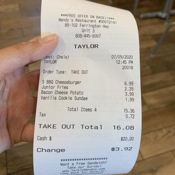Wendy's - Receipt 7/9/2020 - Fast Food Near Me - Waianae, Hawaii