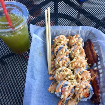 Ajian - +(Crab stick, avocado, carrots, cream cheese, spicy mayo, tempura crunch)  + candied bacon on the side + Green Tea - Sushi Bars Near Me - Tuscaloosa, Alabama