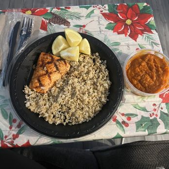 Sharky's Woodfired Mexican Grill - My order Atlantic Salmon on a bed of rice with a side of sweet potatoes! Yummy! - Mexican Near Me - Valencia, California Sharky's Woodfired Mexican Grill - My order Atlantic Salmon on a bed of rice with a side of sweet potatoes! Yummy! - Mexican Near Me - Valencia, California
