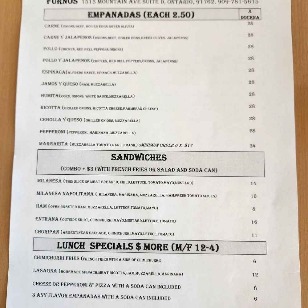 Furnos - Back of the menu. - Argentine Near Me - Rancho Cucamonga, California