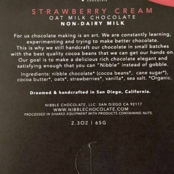 Nibble Chocolate - This is the back of the chocolate package. Notice there are no nuts listed in the ingredients. - Chocolatiers & Shops Near Me - San Diego, California Nibble Chocolate - This is the back of the chocolate package. Notice there are no nuts listed in the ingredients. - Chocolatiers & Shops Near Me - San Diego, California