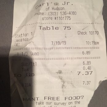 Carl's Jr - Receipt - Burgers Near Me - Hudson, Colorado