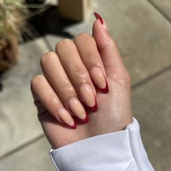 Nail Poetry - Acrylic fill, no trimming, shaping, French tip design in "752 wine" color by Paul with 1 nail extension repair = $57 (before tax + tip)