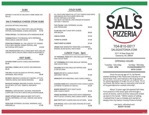 Menu photo 1 Sal's Pizzeria Gastonia, NC Menu photo 1 Sal's Pizzeria Gastonia, NC