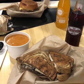 Newfangled Kitchen - Red pepper bisque, the Fang (far) and Swiss'room Melt. - Salad Near Me - Bexley, Ohio