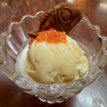 Le Coq - Pan Perdu Ice Cream (fish roe over maple syrup ice cream with mini taiyaki fish) - French Near Me - La Jolla, California