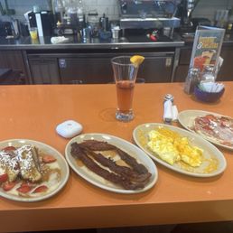 OMG French toast, Omg Bacon, strawberry shortcake, pancakes, and three scrambled cheese with eggs OMG French toast, Omg Bacon, strawberry shortcake, pancakes, and three scrambled cheese with eggs