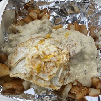 The Empossible Eden Cafe - The Spit! Eggs Over medium, gravy over potatoes - Breakfast & Brunch Near Me - Port Angeles, Washington The Empossible Eden Cafe - The Spit! Eggs Over medium, gravy over potatoes - Breakfast & Brunch Near Me - Port Angeles, Washington